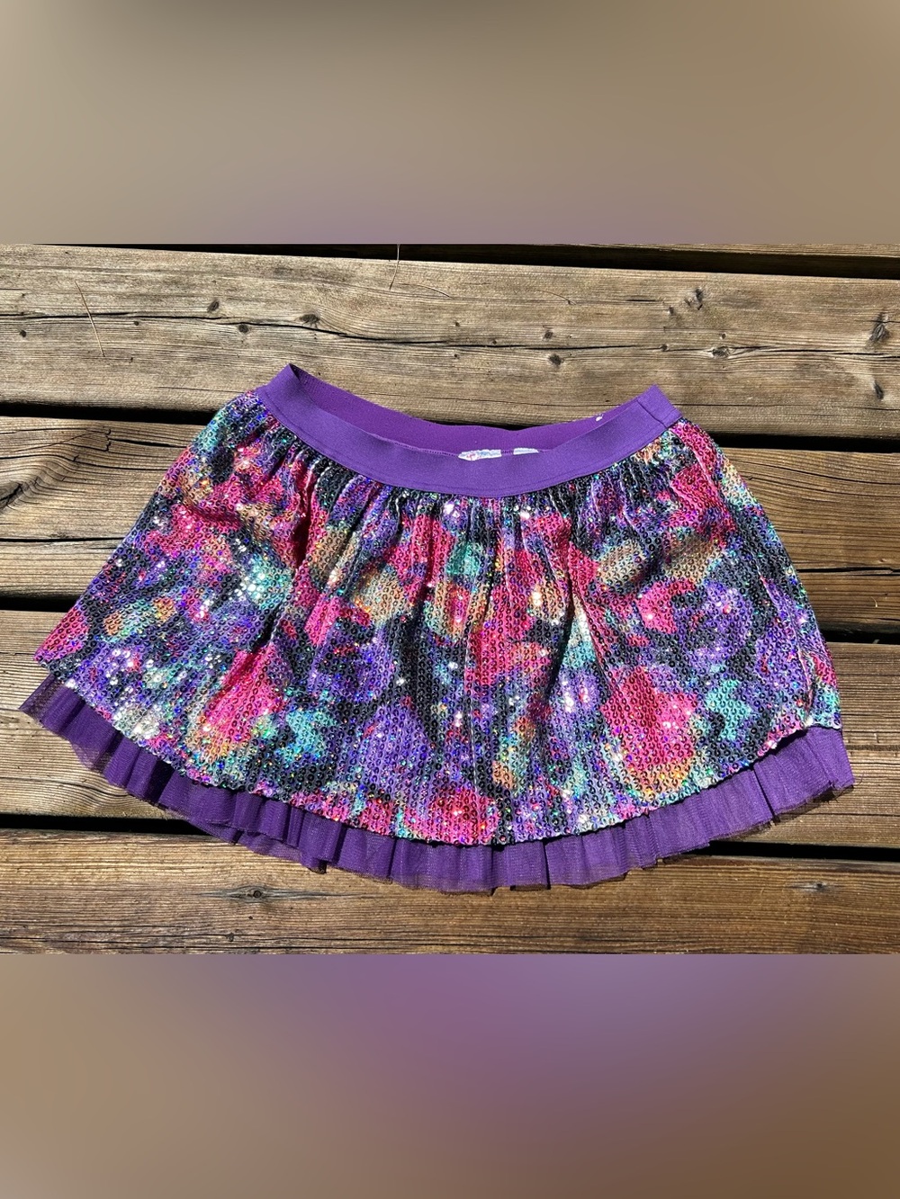 Justice Purple Sequin Floral Print Mini Skirt With Built in Shorts